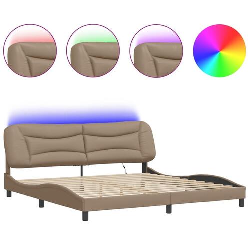 Sengeramme med LED-lys 200x200 cm kunstlæder cappuccinofarvet