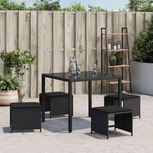 Haveskammel med hynder 4 stk. 41x41x36 cm polyrattan sort