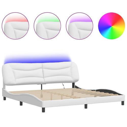 Sengeramme med LED-lys 200x200 cm kunstlæder hvid