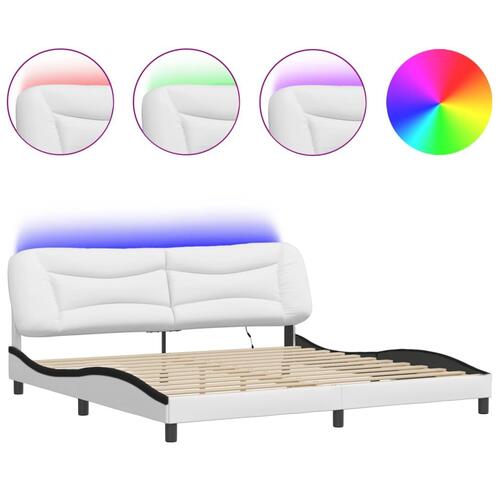 Sengeramme med LED-lys 200x200 cm kunstlæder hvid og sort