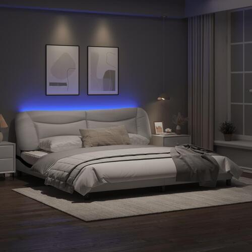 Sengeramme med LED-lys 200x200 cm kunstlæder hvid og sort
