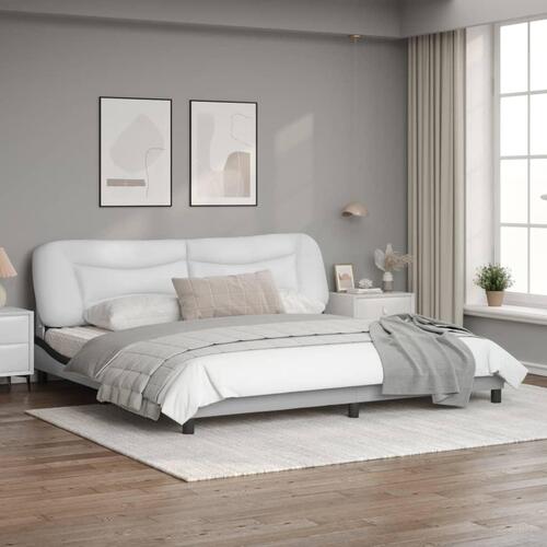 Sengeramme med LED-lys 200x200 cm kunstlæder hvid og sort