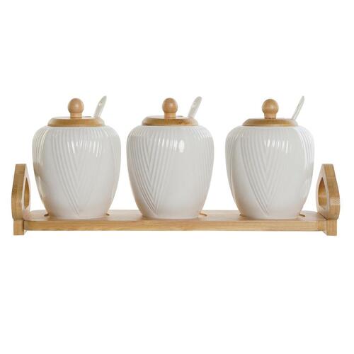 Sukkerskål Hvid Natur Bambus Porcelæn 31 x 9 x 7 cm 4 Dele