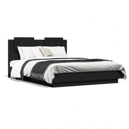 Sengeramme med sengegavl og LED-lys 135x190 cm sort