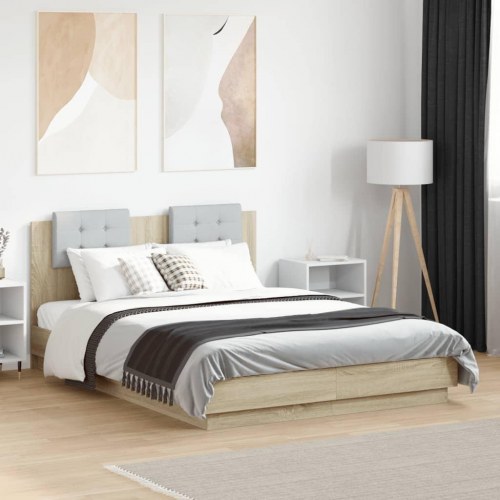 Sengeramme med sengegavl og LED-lys 140x190 cm sonoma-eg