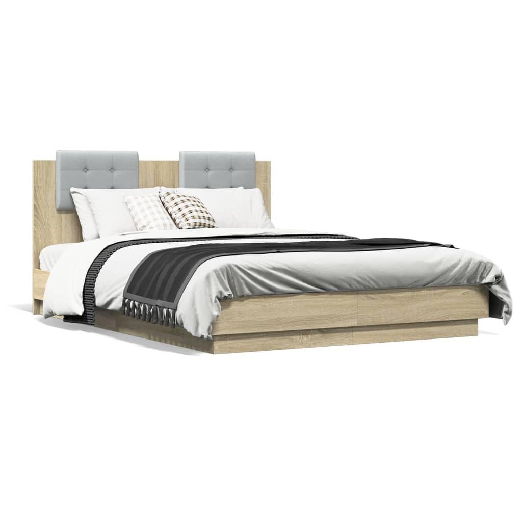 Sengeramme med sengegavl og LED-lys 135x190 cm sonoma-eg billede