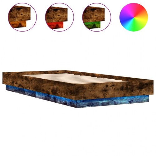 Sengeramme med LED-lys 90 x 190 cm - røget egetræ
