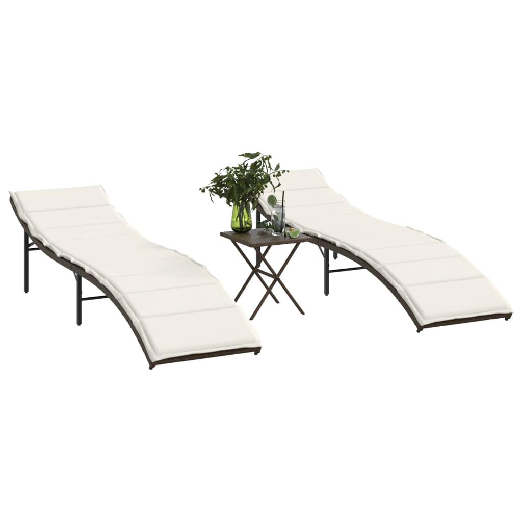 Liggestole 2 stk. med bord polyrattan brun
