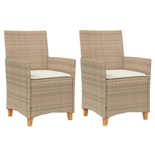Havestole 2 stk. med hynder polyrattan og massivt træ beige
