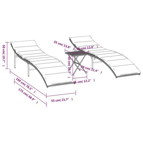 Liggestole 2 stk. med bord polyrattan grå