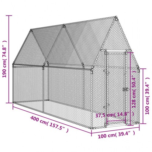 Hønsehus 400x100x190 cm galvaniseret stål sølvfarvet