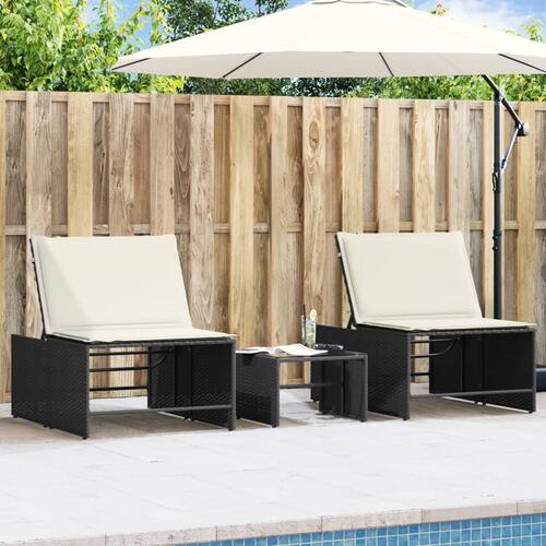 Liggestole 2 stk. med bord polyrattan sort