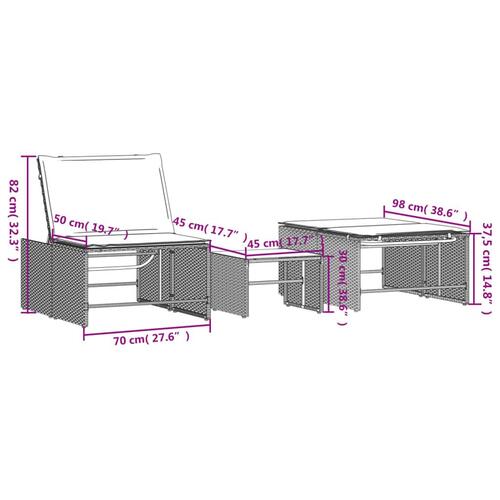 Liggestole 2 stk. med bord polyrattan sort