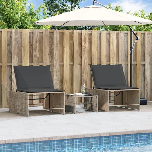 Liggestole 2 stk. med bord polyrattan grå