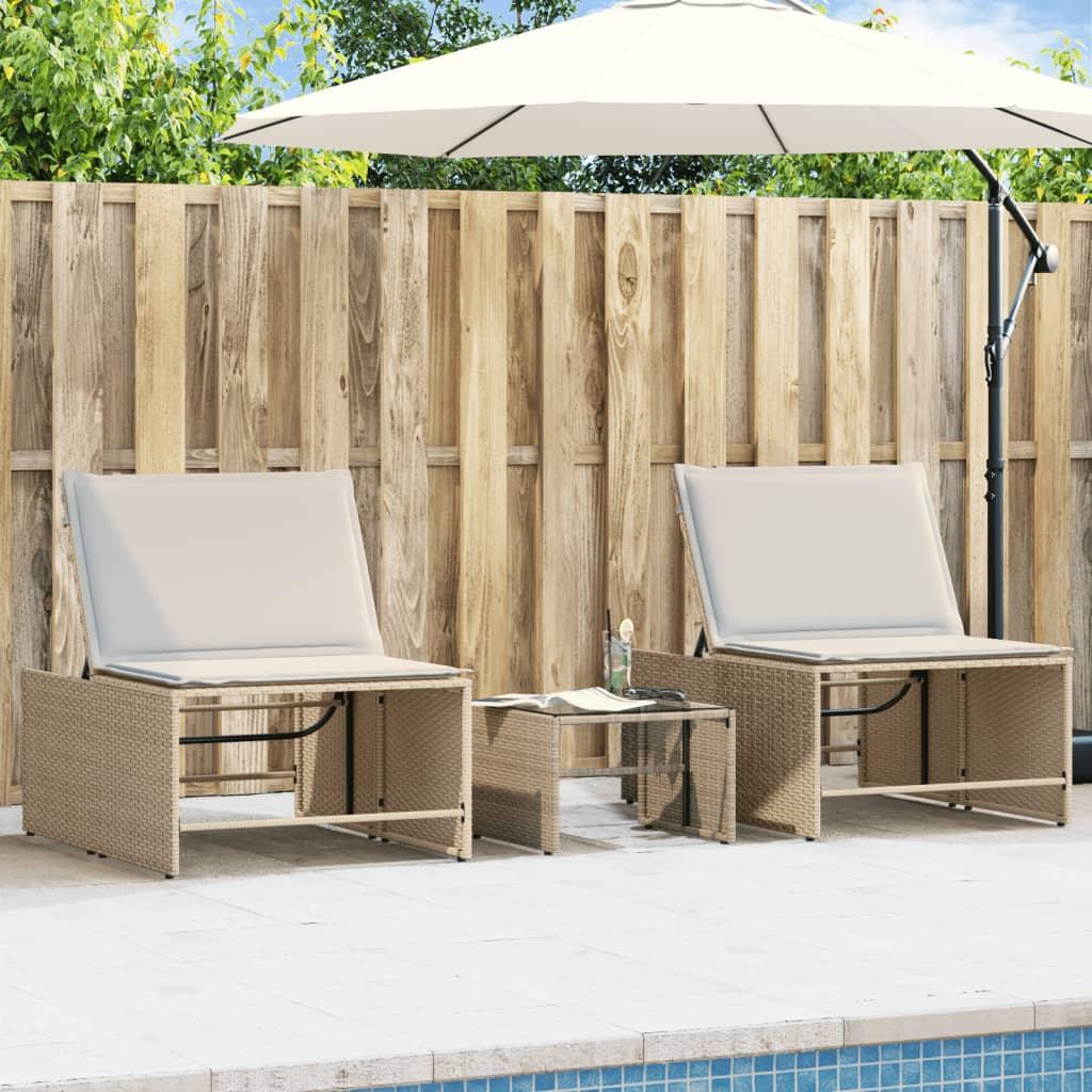 Liggestole 2 stk. med bord polyrattan beige