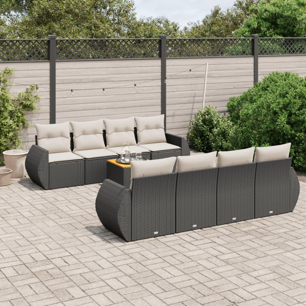 Sofasæt til haven i polyrattan - 9 dele med hynder, sort