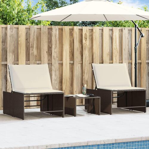 Liggestole 2 stk. med bord polyrattan brun