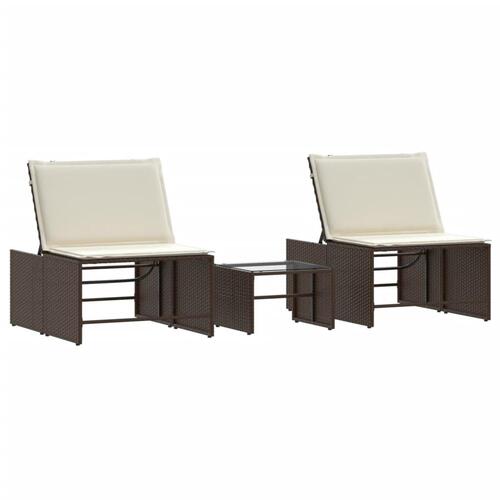 Liggestole 2 stk. med bord polyrattan brun