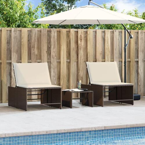 Liggestole 2 stk. med bord polyrattan brun