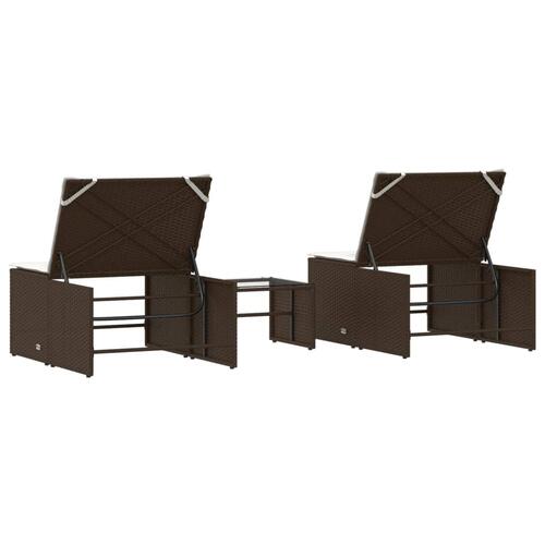 Liggestole 2 stk. med bord polyrattan brun