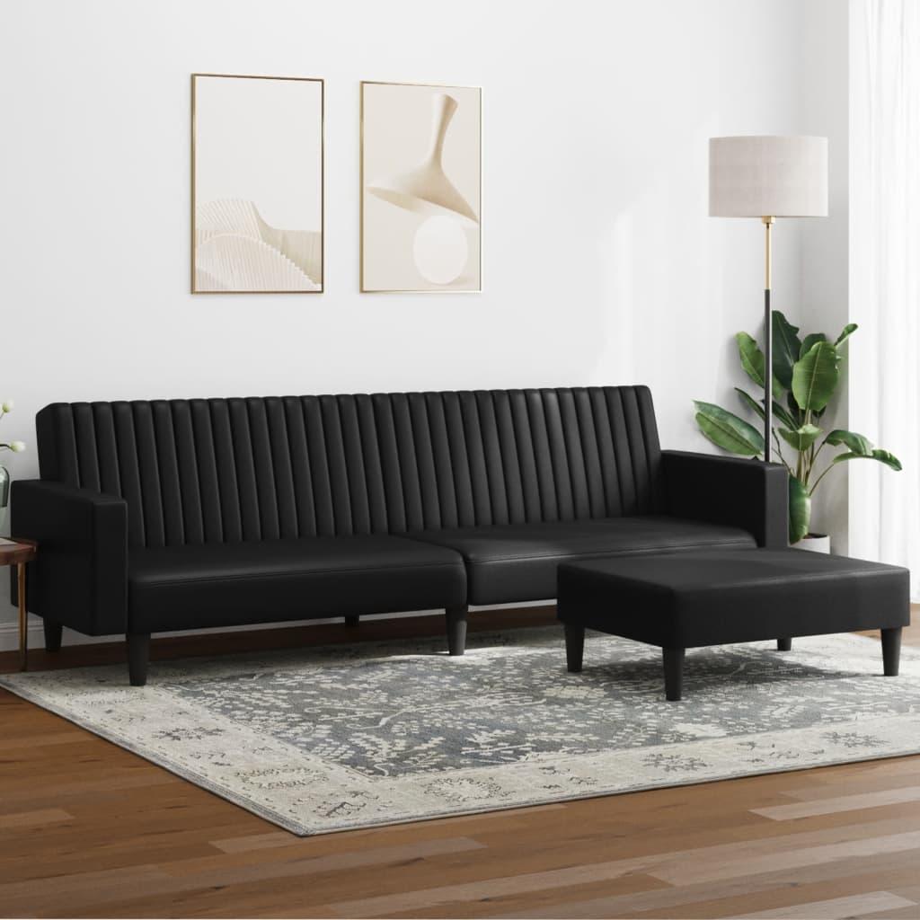 Sofasæt 2 dele i sort kunstlæder med sovesofa og fodskammel