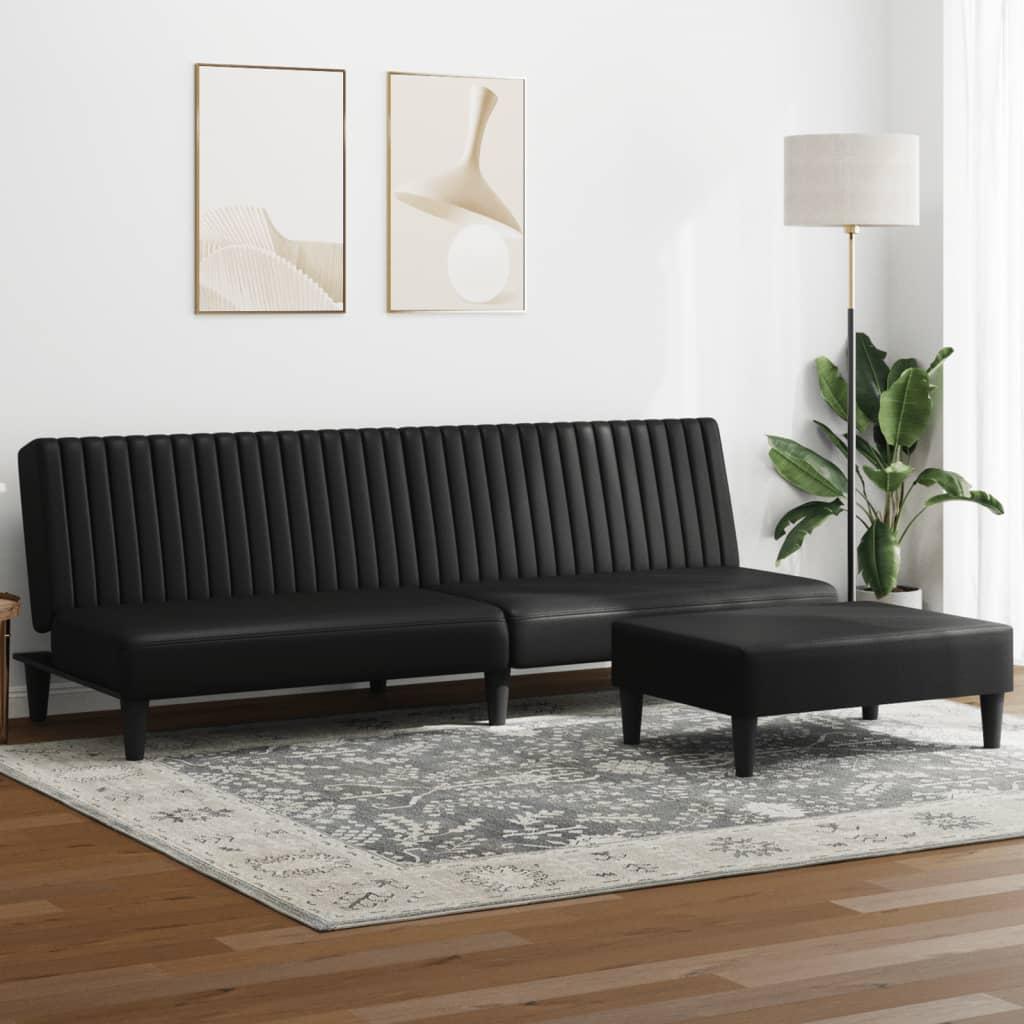 Sofasæt 2 dele i sort kunstlæder med sovesofa og fodskammel