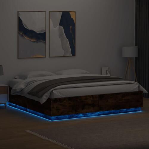 Sengeramme med LED-lys 180x200 cm konstrueret træ røget eg