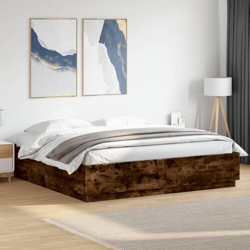 Sengeramme med LED-lys 180x200 cm konstrueret træ røget eg