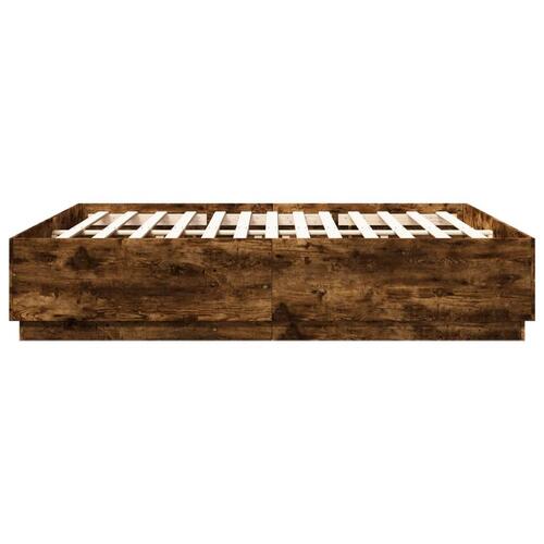 Sengeramme med LED-lys 180x200 cm konstrueret træ røget eg