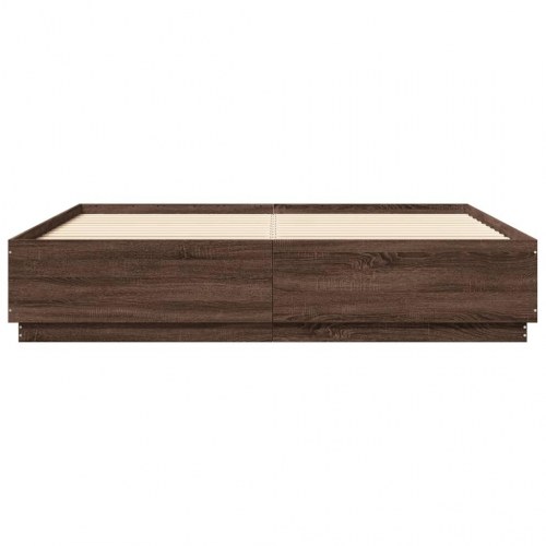 Sengeramme med LED-lys 200x200 cm konstrueret træ brunt eg