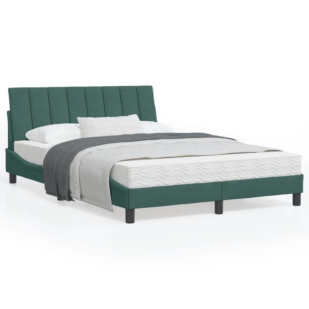 Sengeramme med LED-lys 140x190 cm velour mørkegrøn