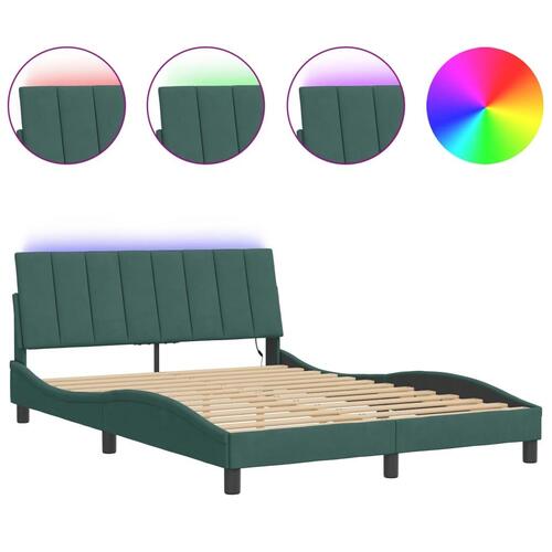 Sengeramme med LED-lys 140x190 cm velour mørkegrøn