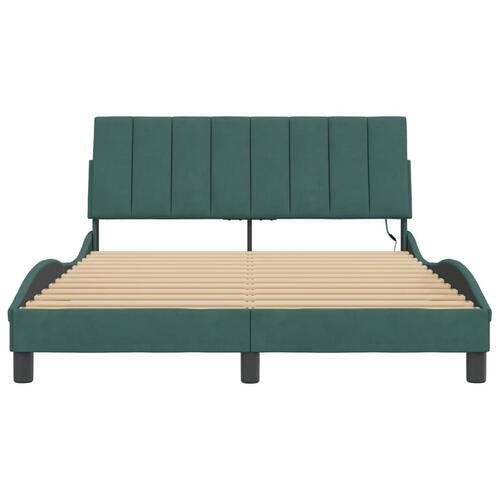 Sengeramme med LED-lys 140x190 cm velour mørkegrøn