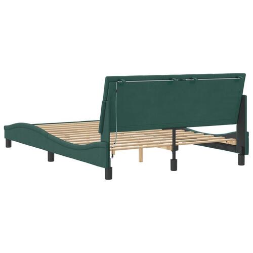 Sengeramme med LED-lys 140x190 cm velour mørkegrøn
