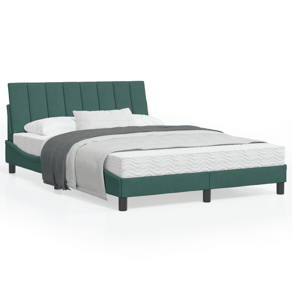 Sengeramme med LED-lys 140x200 cm velour mørkegrøn