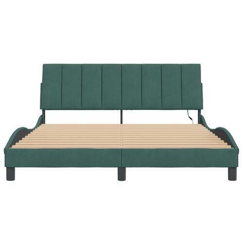 Sengeramme med LED-lys 160x200 cm velour mørkegrøn