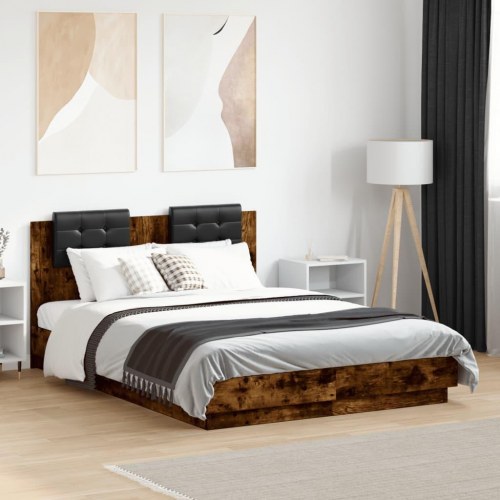 Sengeramme med sengegavl 135x190 cm konstrueret træ røget eg