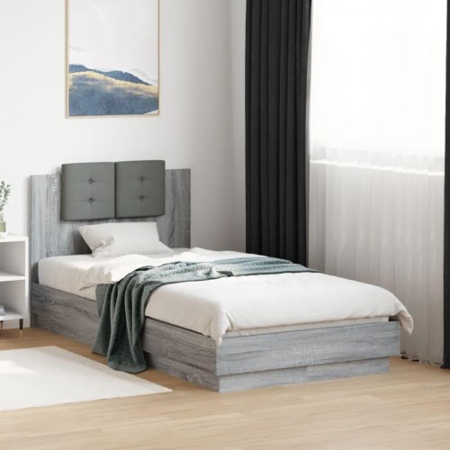 Sengeramme med sengegavl og LED-lys 90x190 cm grå sonoma-eg