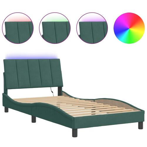 Sengeramme med LED-lys 100x200 cm velour mørkegrøn