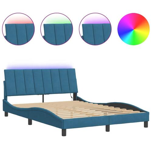 Sengeramme med LED-lys 140x200 cm velour blå
