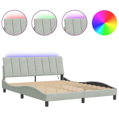 Sengeramme med LED-lys 160x200 cm velour lysegrå