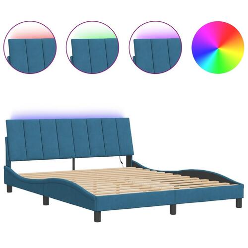 Sengeramme med LED-lys 160x200 cm velour blå
