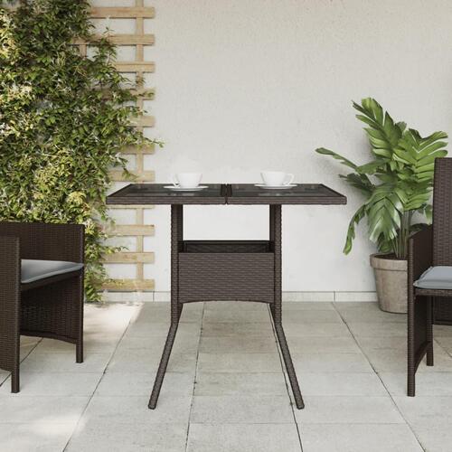 Havebord med glastop 80x80x75 cm polyrattan brun