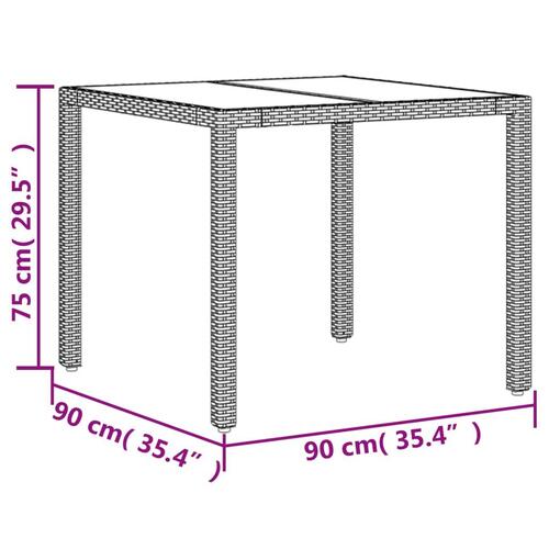 Havebord med glastop 90x90x75 cm polyrattan brun