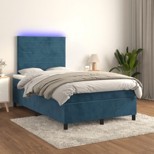 Kontinentalseng med madras og LED-lys 120×190 cm - velour, mørkeblå