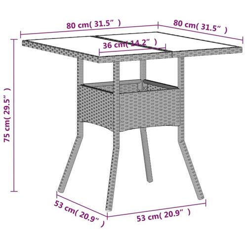 Havebord med glastop 80x80x75 cm polyrattan lysegrå