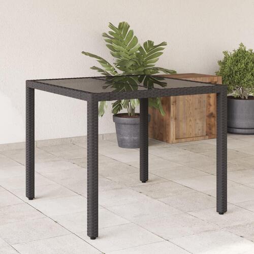 Havebord med glastop 90x90x75 cm polyrattan sort