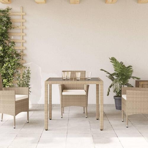 Havebord med glastop 90x90x75 cm polyrattan beige
