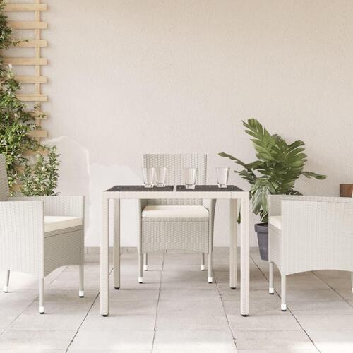 Havebord med glastop 90x90x75 cm polyrattan hvid