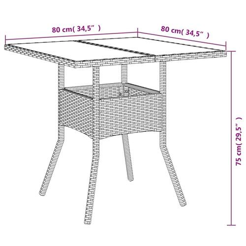 Havebord med glastop 80x80x75 cm polyrattan grå